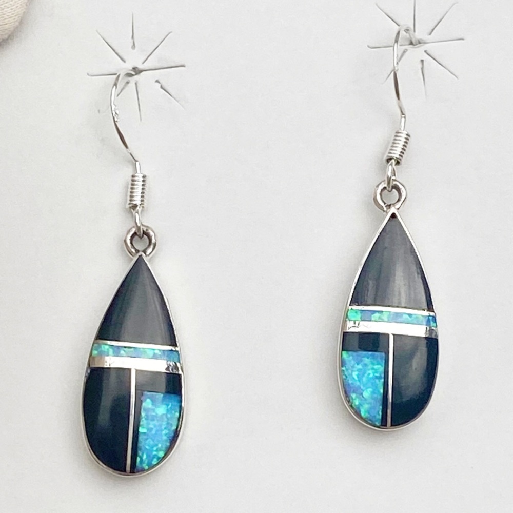 Signed-James Manygoats Navajo Onyx, Opal Inlay & Sterling Silver Dangle Earrings - Picture 3 of 6